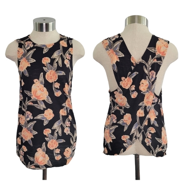 Lucky Lotus Black & Orange Floral Open Back Sleeveless Top Blouse Womens Size S - Picture 1 of 7